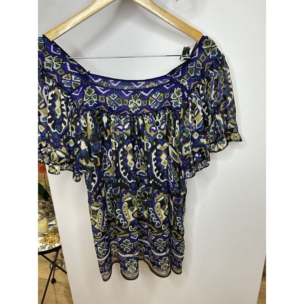 I‎ C E Women Blue Color Satiny Cold Shoulder Blouse Top Short Sleeve Size XL